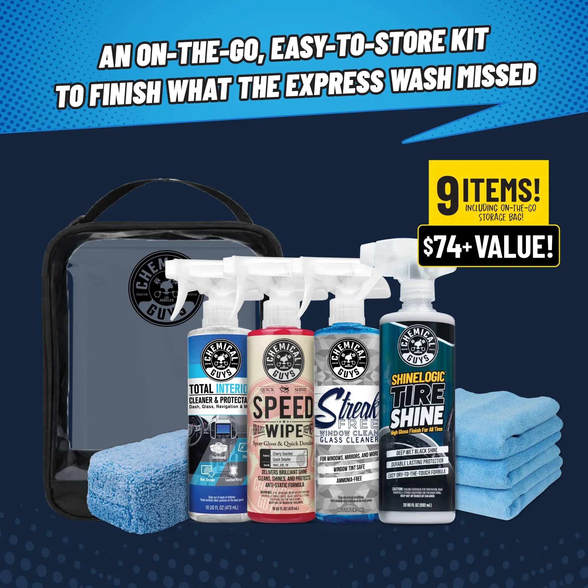 Chemical Guys after the Automatic Car Wash Kits – Interior or Shine Touch up Bundle | Quick Detail, Tire Shine, Glass & Interior Cleaner | Trunk Organizer with Microfiber Towels & Storage Bag for On-The-Go Detailing Anytime | Car Cleaning