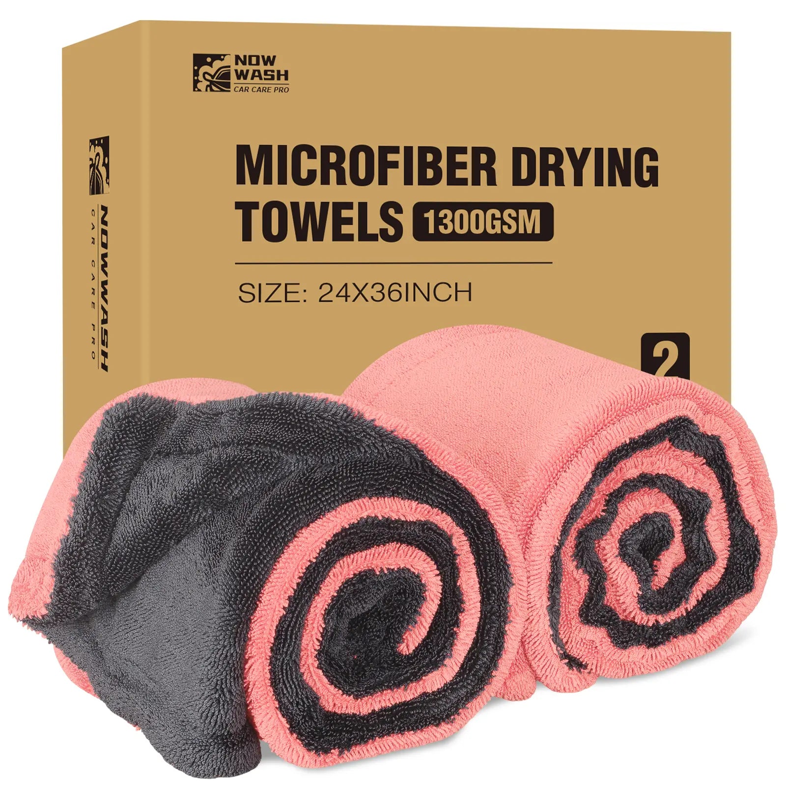 Nowwash 2-Pack 1300 GSM Microfiber Car Drying Towels 36X24 Inch Large Twisted-Loop Cloths for Cars Suvs and Trucks Ultra Absorbent Soft on Paint Streak-Free Performance Durable Double-Sided Design for Detailing Washing and Everyday Vehicle Care