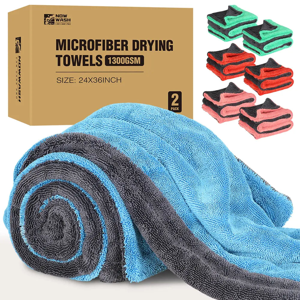 Nowwash 2-Pack 1300 GSM Microfiber Car Drying Towels 36X24 Inch Large Twisted-Loop Cloths for Cars Suvs and Trucks Ultra Absorbent Soft on Paint Streak-Free Performance Durable Double-Sided Design for Detailing Washing and Everyday Vehicle Care
