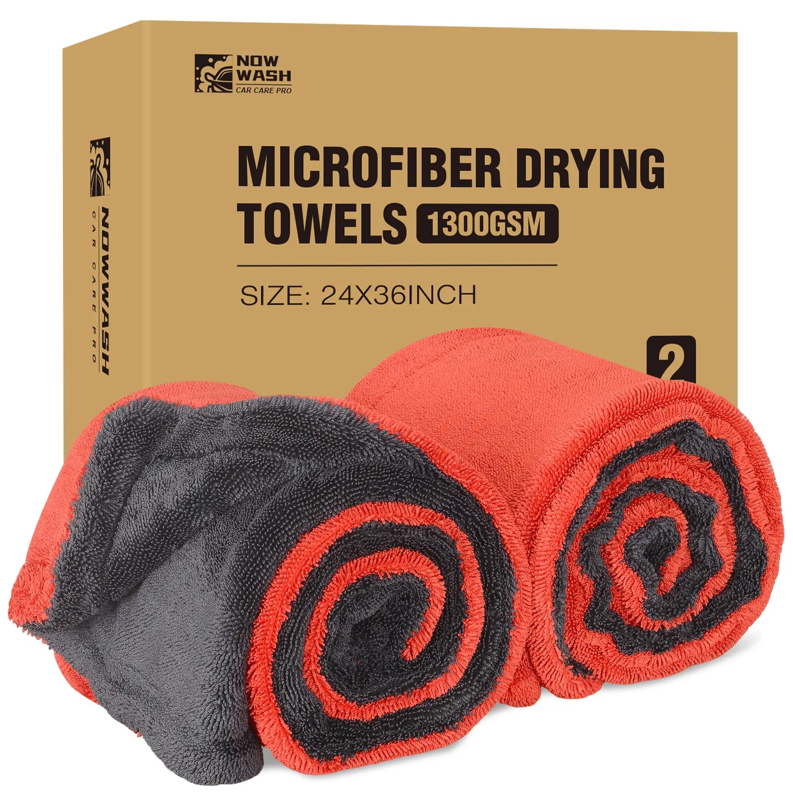 Nowwash 2-Pack 1300 GSM Microfiber Car Drying Towels 36X24 Inch Large Twisted-Loop Cloths for Cars Suvs and Trucks Ultra Absorbent Soft on Paint Streak-Free Performance Durable Double-Sided Design for Detailing Washing and Everyday Vehicle Care