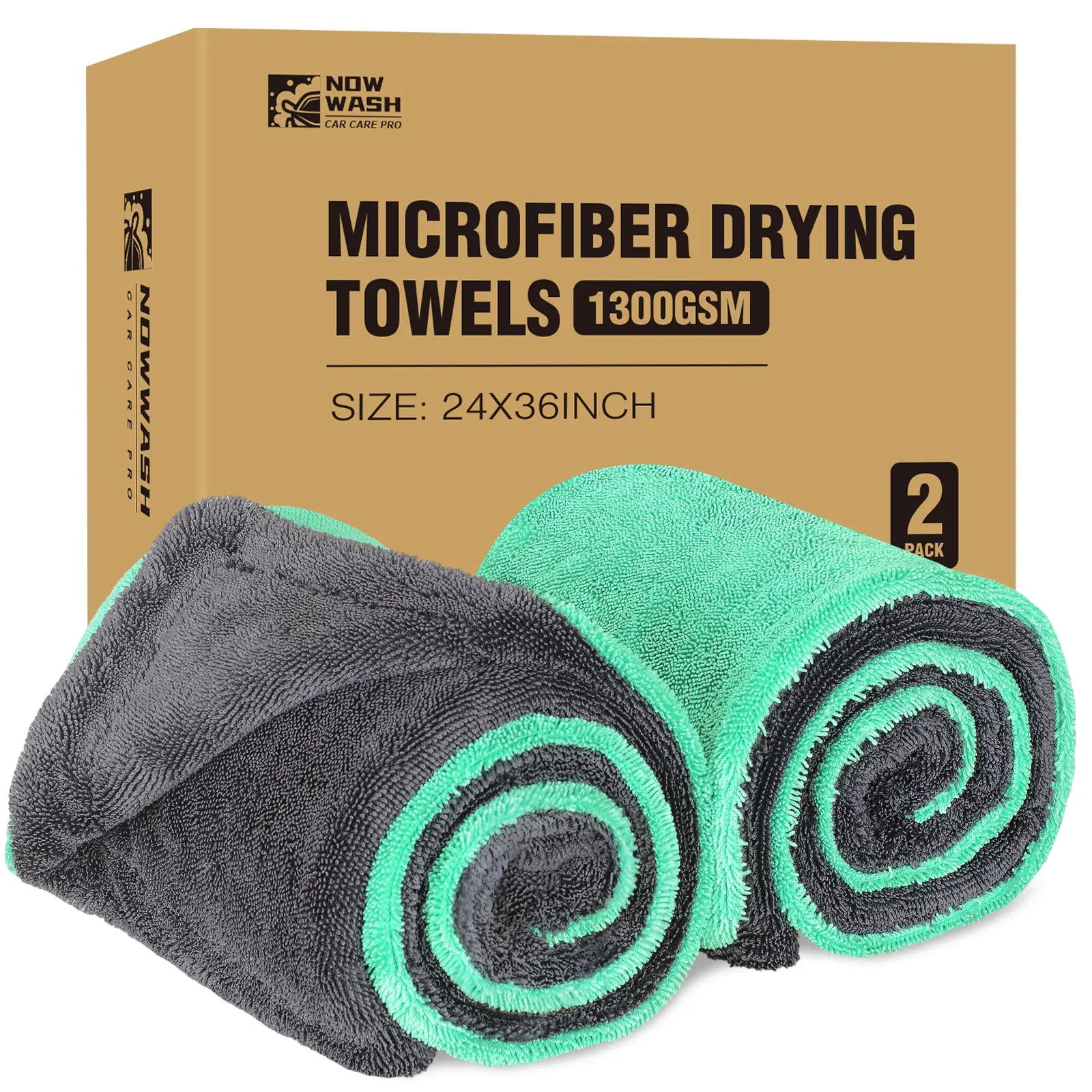 Nowwash 2-Pack 1300 GSM Microfiber Car Drying Towels 36X24 Inch Large Twisted-Loop Cloths for Cars Suvs and Trucks Ultra Absorbent Soft on Paint Streak-Free Performance Durable Double-Sided Design for Detailing Washing and Everyday Vehicle Care