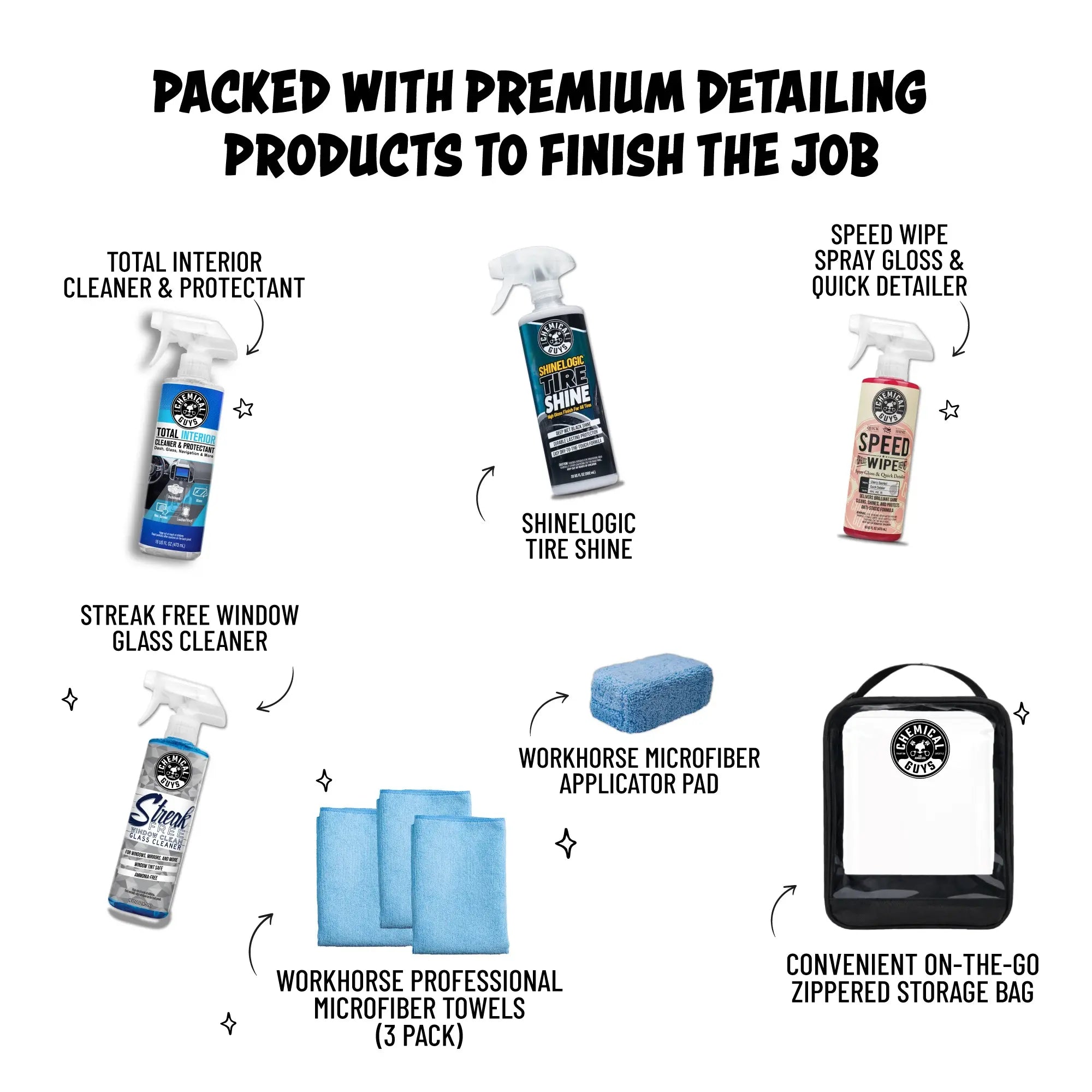 Chemical Guys after the Automatic Car Wash Kits – Interior or Shine Touch up Bundle | Quick Detail, Tire Shine, Glass & Interior Cleaner | Trunk Organizer with Microfiber Towels & Storage Bag for On-The-Go Detailing Anytime | Car Cleaning