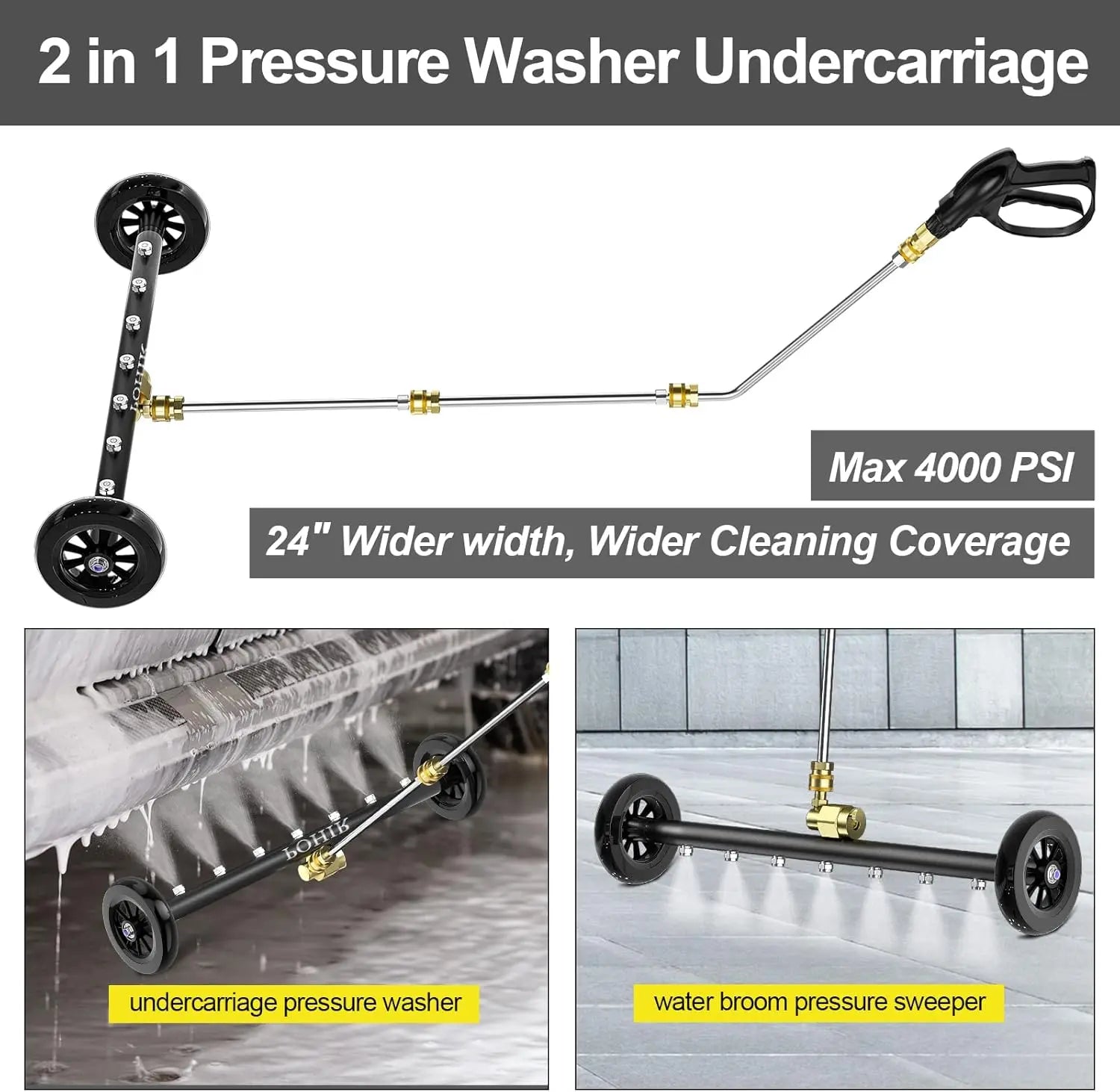 Pressure Washer Undercarriage Cleaner,24 Inch Undercarriage Washer,Hydraulic Powered under Car Cleaner with 3 Straight Extension Wands,4000Psi