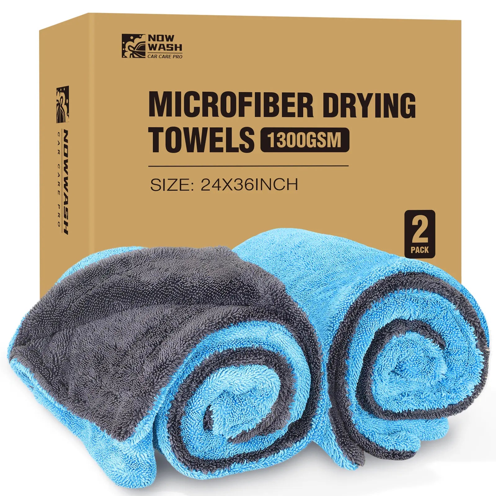 Nowwash 2-Pack 1300 GSM Microfiber Car Drying Towels 36X24 Inch Large Twisted-Loop Cloths for Cars Suvs and Trucks Ultra Absorbent Soft on Paint Streak-Free Performance Durable Double-Sided Design for Detailing Washing and Everyday Vehicle Care